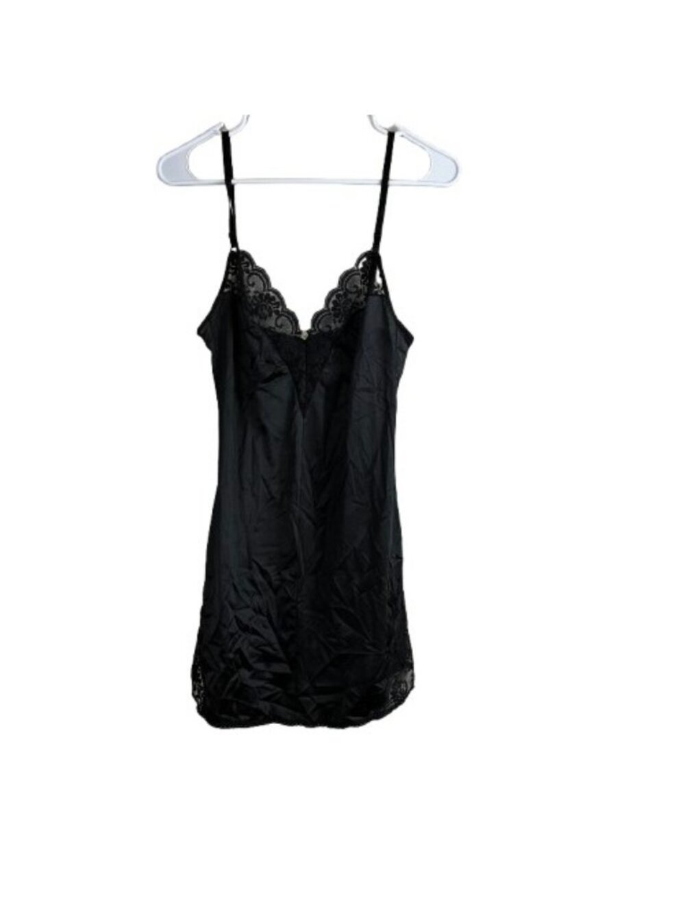 VTG 70s Chantilly Maidenform Black Antron Nylon Lace Trim Slip Dress S
